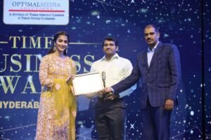 Times Business Awards Hyderabad 2019 - Actress Pooja Hegde presents the award to Naveen and Kishore of PRIME UPVC for the Best Windows, Doors & Facade